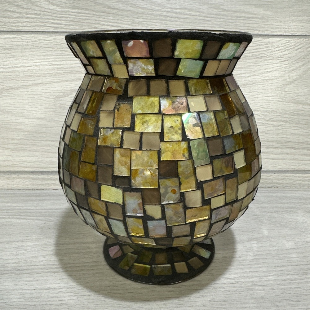 Mosaic Glass Candle Holder or Vase Gold Multicolor 6x6x7"